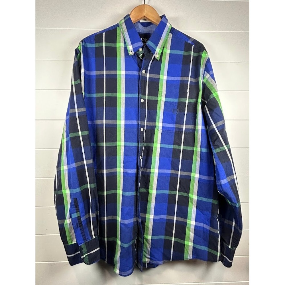 Chaps  Plaid Long Sleeve Button Up‎ Shirt XLT Stretch Easy Care Blue Green Logo